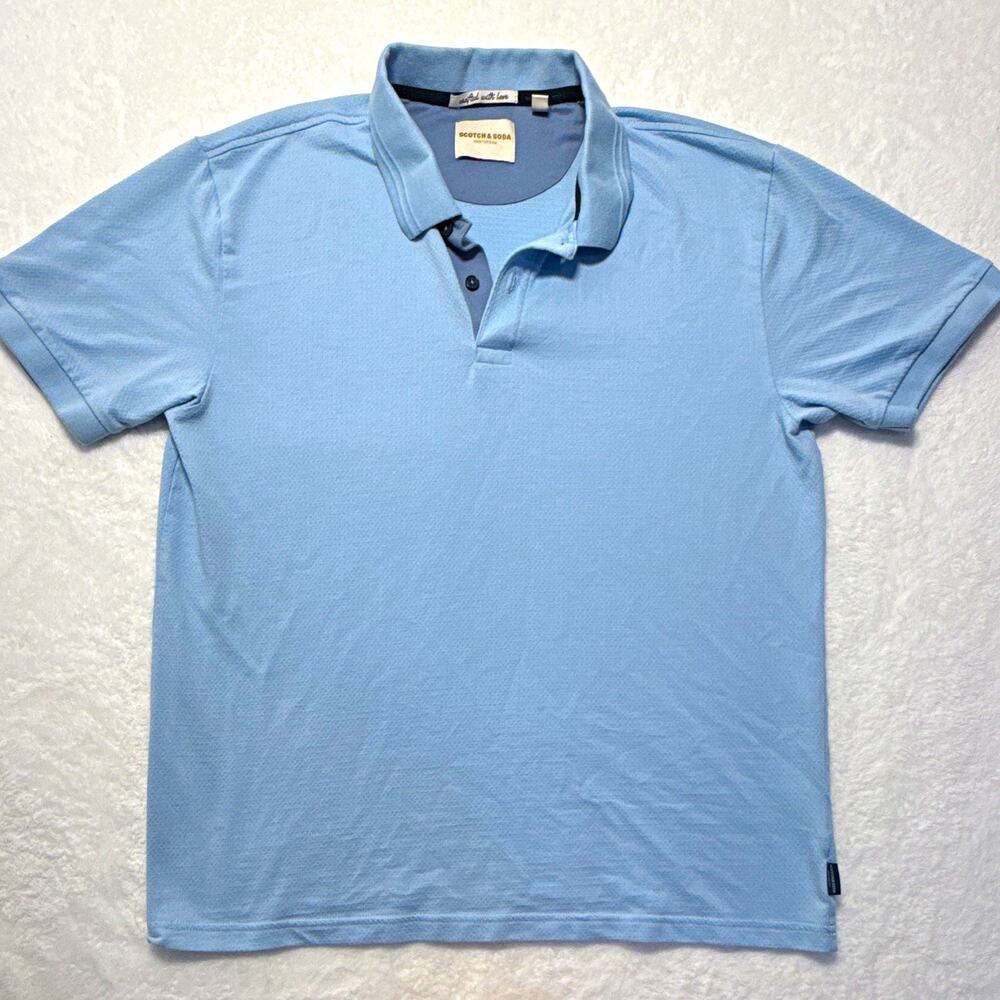 Scotch & Soda, Men’s Blue Solid Short Sleeve Collared Button Polo Shirt L